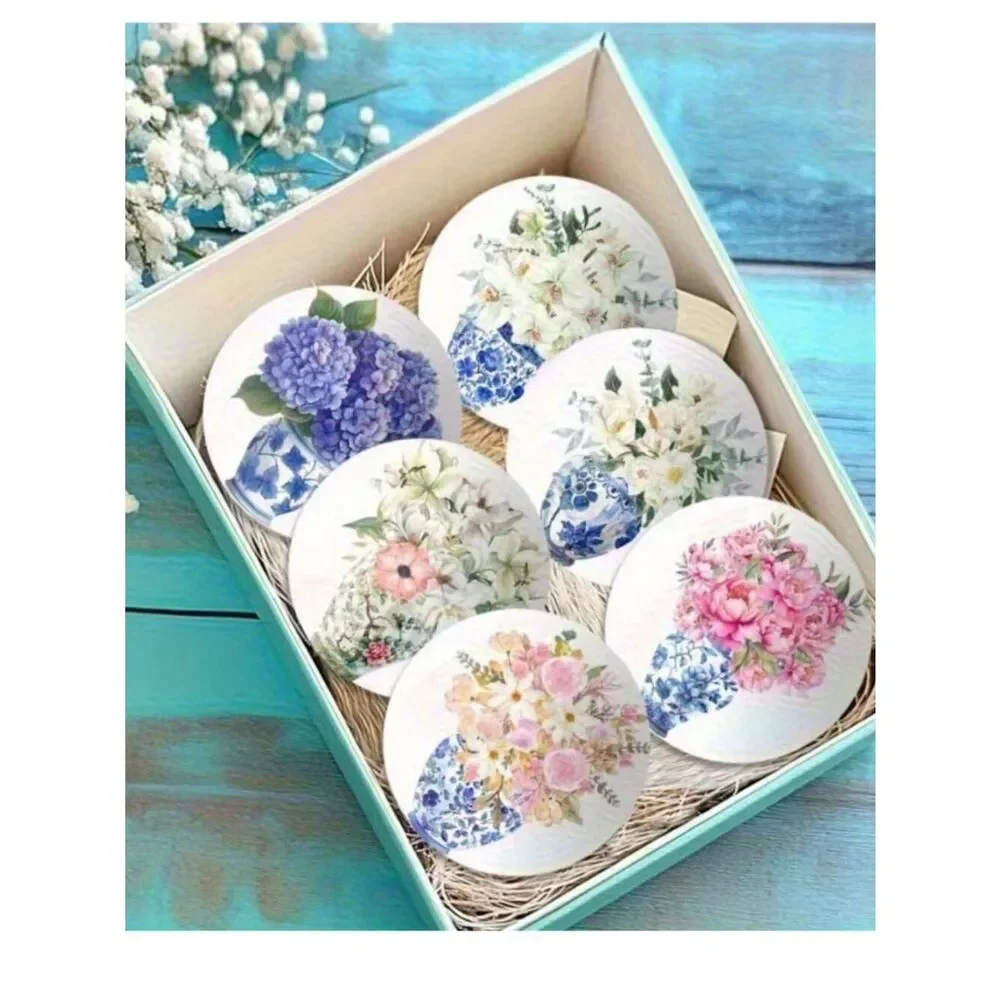 NWT 6pc Chinoiserie Blue White Floral Acrylic Coasters Non-Slip Cork Base